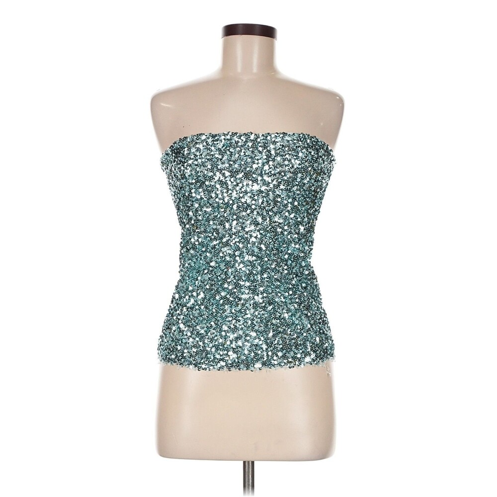 SIEDRES Sequin Tube Top M Silver Blue Strapless Allover Paillette Mesh Party